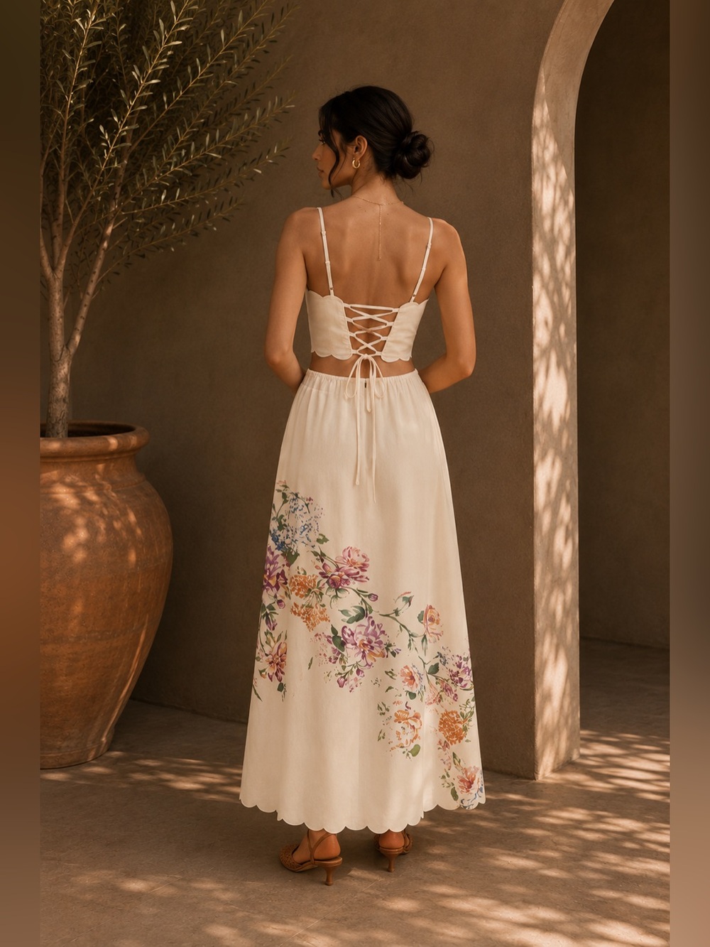 Commense Apricot Floral Lace-Up Back Dress S | Romantic Garden Party Dress - Picture 2 of 9